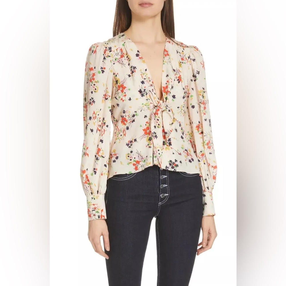 NWT Veronica Beard Payton Silk Floral Tie-Front Blouse